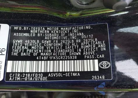 2012 Toyota Camry Le z USA, uszkodzony, nr VIN 4T4BF1FK5CR225938